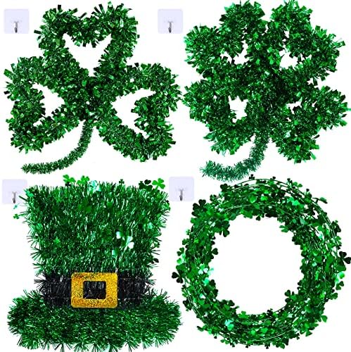 WINLYN 4 PCs Decorações de Tinsel do Dia de São Patrício Green Tinsel Tinsel Shamrock Lucky Frethe Clover Freitas de Chapé