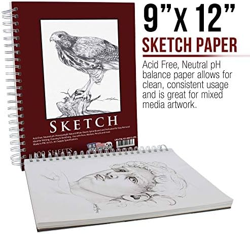 Fornecimento de arte dos EUA 9 x 12 Pad Pad, pacote de 2, 100 folhas cada, 60 lb - Esboço de artistas em espiral Sketching