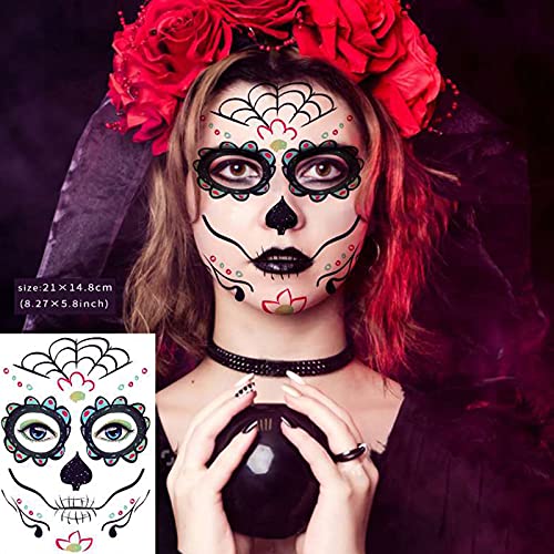 20 lençóis Dia do Face Dead Face Sugar Skull Tattoos, incluindo 8 lençóis grandes tatuagens de rosto temporário de Halloween, Halloween