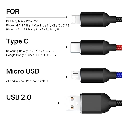 LAUGWEY Multifunction Cable Cable Conjunto, 3 Pacote 3 em 1 Nylon Cabo de carregamento trançado, vários cabos de carregador USB