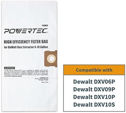 Powertec 75063 5 sacos de filtro de embalagem para DXVA19-4101, encaixa os extratores de poeira de DeWalt 6-10 gal, dxv06p, dxv09p,