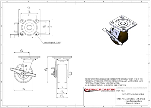 Alta temperatura giratória fenólica Placa superior Conjunto de 4 W/4 x 2 Rodas marrons - inclui 2 giro com freios e parafuso