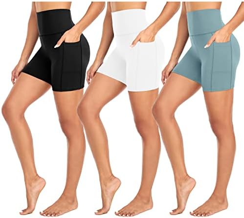 MoreFeel 3 embalagem shorts de motociclista macio mulheres com bolsos - 5 de coragem de cintura alta ioga shorts atléticos