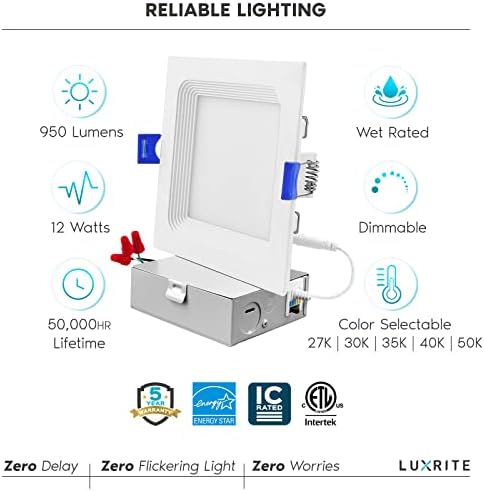 Luxrite de 12 polegadas de 4 polegadas de 4 polegadas LED quadrado de iluminação embutida, 12W, 5ccc cor selecionável 2700k-5000k,