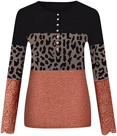 Jjhaevdy feminino leopardo tops tops de manga longa Crupica de coloração Block Color Block Casual Camisetas Tee