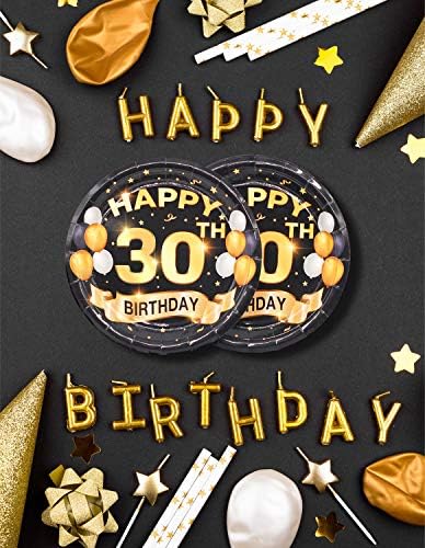 Placas de 30º aniversário em preto e ouro sobremesa, buffet, bolo, almoço, pratos para o 30º aniversário de decoração de festas de