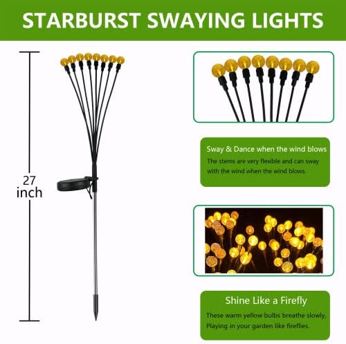 Kinbrace Solar Garden Decor Light, Luz de Estrela Starburst atualizada - balançando pelo vento, luz solar Firefly, luz