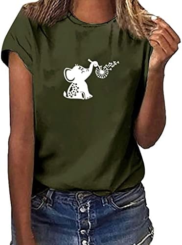 Camiseta gráfica fofa feminina Funny Elephant Dandelion Print Graphic Tee Animal Casual Caminho de Manga Curta