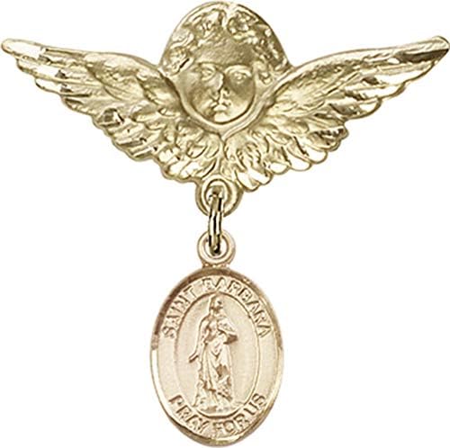 Rosgo do bebê de obsessão por jóias com o charme de St. Barbara e o anjo com pino de emblema de asas | Distintivo de bebê