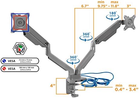 MONTAGEM! Montagem do braço de monitor duplo suporte de mesa | 2 x 3,0 portas USB | Articulação da altura mecânica da mola ajustável | Se encaixa dois 24 27 29 30 32 polegadas VESA 75 100 Telas compatíveis | CLAMP E CROMMET