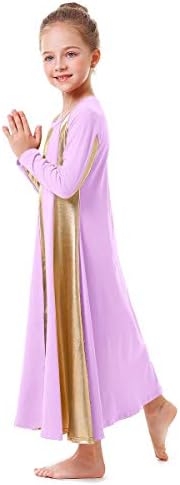 Vestido de dança de louvor de ouro metálico de Owlfay para meninas, crianças de manga longa bloco de cor litúrgica de adoração