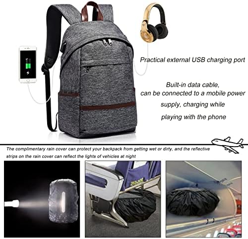Mochila de laptop casual leve, mochila de laptop anti-roubo de 14 polegadas com orifício de carregamento USB, buraco de fone de