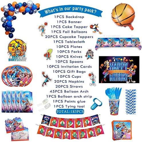 Decorações de festas de aniversário de 183pcs, decorações de festa de basquete, inclui cenário, arco de balão, balões de papel
