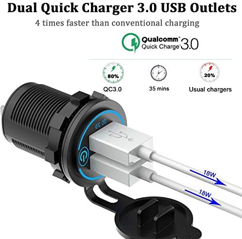 Soquete USB duplo de carga rápida 3.0, saída USB de alumínio Qidoe 12V/24V Usb com voltímetro de LED e interruptor