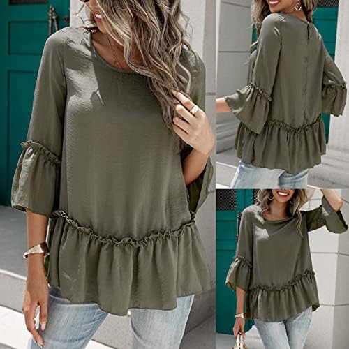 Tops de outono para mulheres fofas peplum babado bainha de meia manga Camisetas casuais Crew Neck Túnica sólida Blouse Flowy