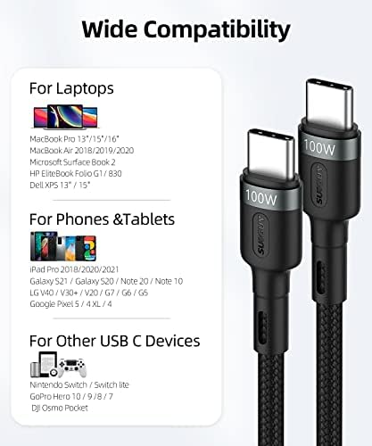 SunGuy USB C a USB C Cabo de 1,5 pés, 100W Tipo C para digite C Cord USB 2.0 Sincronizar dados de carregamento rápido Nylon Compatível