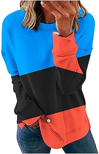 Sorto para mulheres, mulheres casuais blocos de colorido Crewneck Sweatshirt lateral Split Pullover Tops de mangas compridas
