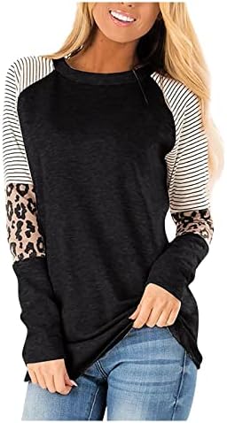 Nokmopo feminino na primavera e no outono de moda leopardo listra redonda pescoço de manga comprida t-shirt top slim