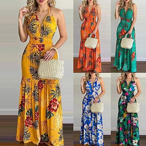 Vestido maxi de Aodong para mulheres, mulheres vestidos maxi longos e sem mangas de verão com bolso V Spaghetti Strap Long vestidos