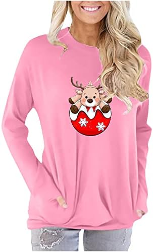 Narhbrg Christmas Tops for Women Camisetas de bolso engraçado impressão de rena moletom casual túnica macia de túnica folgada confortável