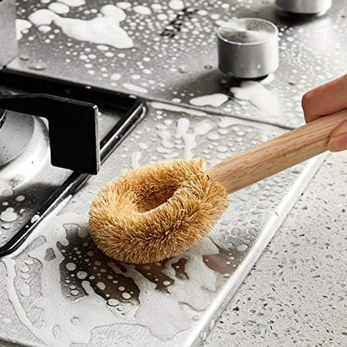 Escova de palmeira de coco natural com uma alça de madeira e pendurar laços de cozinha pratos de limpeza de escovas de prato