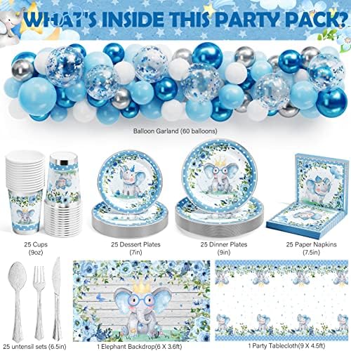 Decoração de chá de bebê de elefante Ecomore para menino - 241 PCs azul bebê menino de gênero Revenção de festas de aniversário material
