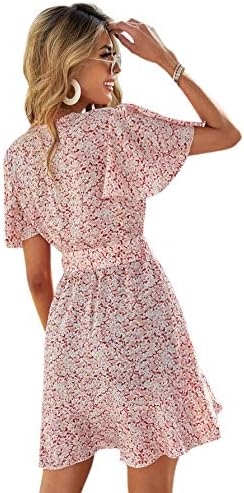 Shein feminino Floral Tie Front Ruffle Mini Dress V Neck Manga curta Uma linha Flare vestidos