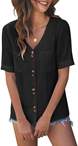 Mulheres t camisas de verão Mulheres de verão sólido Manga curta de puff buttão de pescoço para baixo camisetas de blusa casual