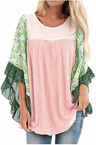 Bloco de colorido de pescoço feminino waffle malha de caça-psullover tops casuais túnica solta bastão floral de manga longa camisa