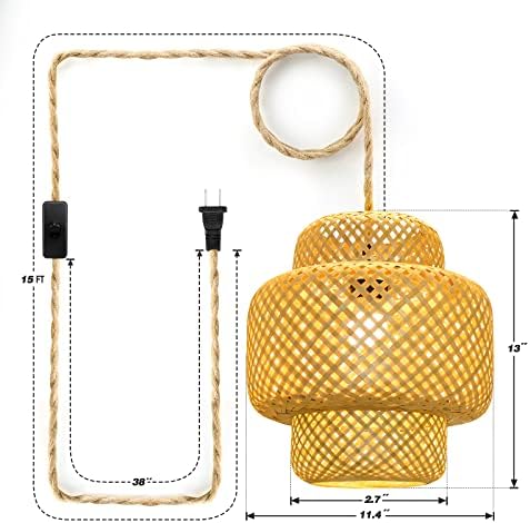 Conecte a luz pendente, luzes penduradas de vime com cabo de plugue, lâmpada de lampes de bambu de bambu, com corda de cânhamo de