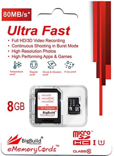 TECNOLOGIA BIGBUILD 8 GB Ultra Fast 80MB/S MicroSDHC Cartão de memória para LG Q9, Q31, Q51, Q52, Q60, Q61, Q70,