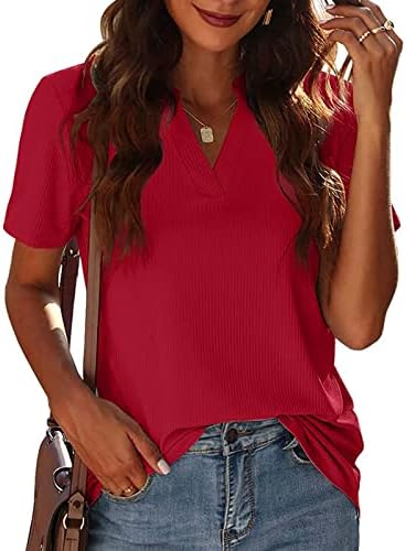 Camisetas casuais de verão feminino túnicas de decote de decote de decote de decote de decote curto blusa de cor sólida