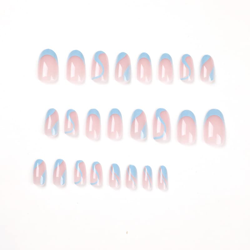 24 PCs Foa de amêndoa, prenda de unhas, comprimento curto com designs franceses de redemoinho azul unhas falsas com cola, arte de unhas