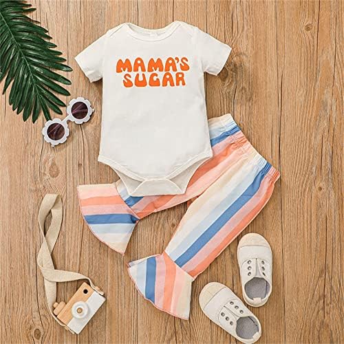 Xbgqasu roupas calças bebês meninas tops infantis macacão listrado + fundo flare flare letra letra de verão sino recém-nascidos roupas