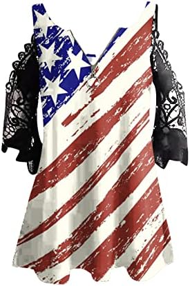 Bandeira americana feminina Tops de 4 de julho 4º sem mangas/manga curta Tireta t-shirt Print T-shirt Casual Independence Day