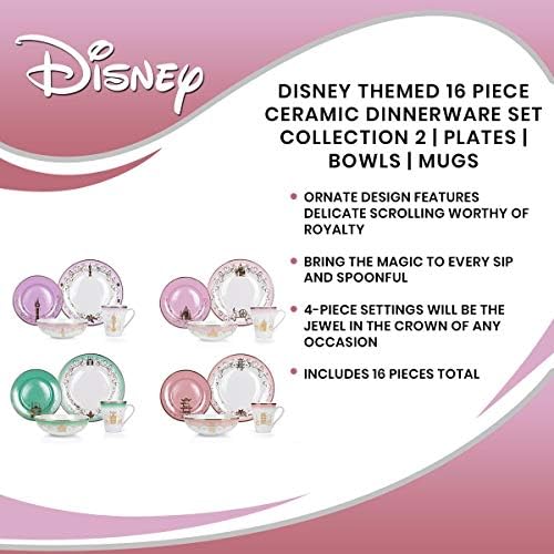 Conjunto de utensílios temáticos da Disney - 16 pratos de cerâmica, 4 configurações de lugar | Coleção 2 | Apresentando as princesas