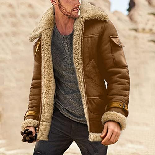 Jaqueta de couro falsa para homens sherpa lã forrada alinhada pesos pesados ​​motocicletas casacos de inverno colares de pele