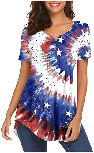 Tops femininos de verão plus size sleeve túnicos henley de botão confortável camiseta americana bandeira americana estrela