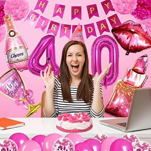 Crenics Rosa quente Decorações de 40 anos para mulheres - Banner de feliz aniversário, 40 Balão de número, Pom Pom Poms, Balões