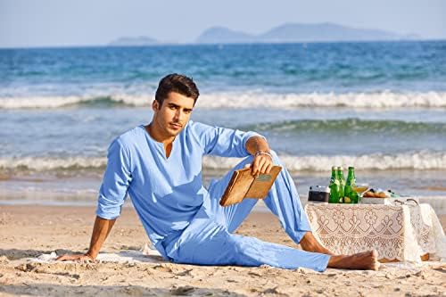 Coofandy masculino de linho de algodão de 2 peças de algodão Henley Manga longa e calça de praia casual Roupas de