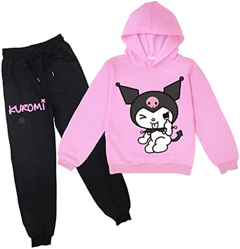 Keyl-0731 Kuromi 2 peças capuz de capuz-graphic tampas com capuz+calça de moletom, moletom casual solto para criança