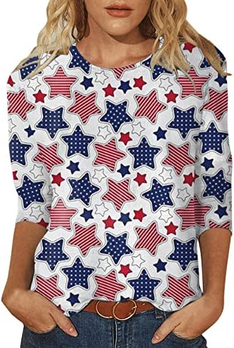 3/4 Camisa de manga Mulheres American Bandeira 4 de julho Impressão gráfica O-gola O Top Top Casual Bouse Shirts Loose Basic