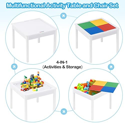 Mesa de atividade para crianças de madeira e conjunto de cadeira, 4 em 1 quarteirões de construção Compatível com armazenamento
