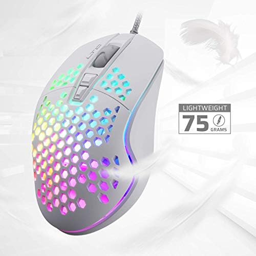 LTC Circle Pit HM-001 RGB Gaming Mouse com concha de favo de mel leve, ajustado 6400dpi, 6 botões programáveis, branco