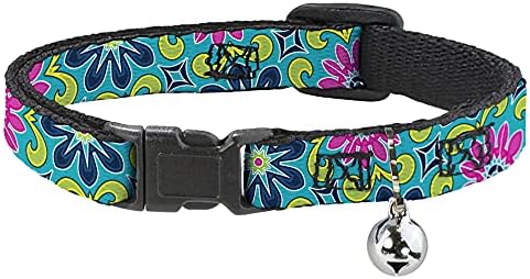 Buckle-Down Cat Collar Breakaway Floral Burst Blues Turquoise Pinks Amarelo Verde 8 a 12 polegadas 0,5 polegadas de largura