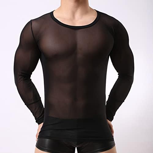 Mens sexy pura malha subdeshirts, semi ver através de roupas íntimas de camiseta de manga comprida, lingerie muscular para homens