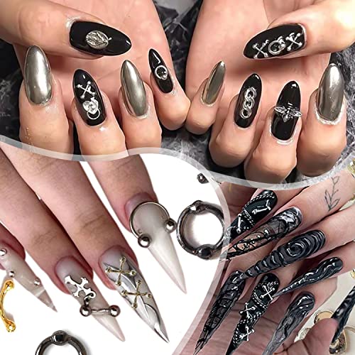 Silpecwee 36pcs punk unhas encharms 3d retro dourado prateado jóias unhas de unhas cruzadas charme pendurado anéis pendurados