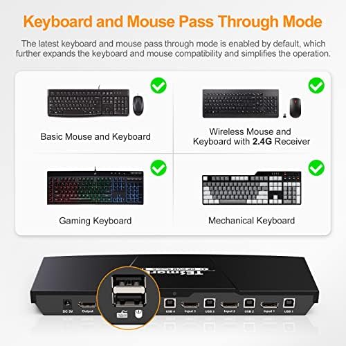 Tesmart KVM Switch DisplayPort, 4 Port KVM Box, UHD 4K@60Hz RGB 4: 4: 4, USB 2.0 Hub, Hotkey, Switching Button, DP PC Keyboard