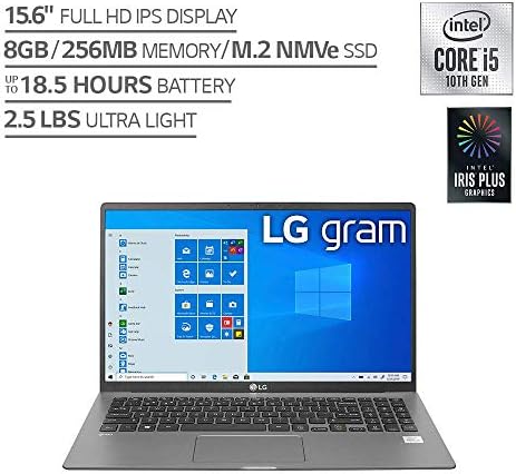 Laptop LG Gram - 15,6 Full HD IPS, Intel 10th Gen Core i5-1035g7 CPU, RAM de 8 GB, 256 GB M.2 MVME SSD, 18,5 horas de bateria,