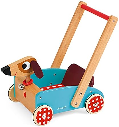 Janod Crazy Doggy Cart - adorável Walker Walker Push Walker com armazenamento - toca de cachorro quando o carrinho é empurrado